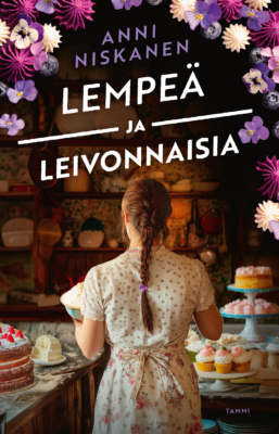 Lempeä ja leivonnaisia -kirjan kannessa on takaapäin kuvattu nainen, jolla on pitkät letillä olevat hiukset ja kädessään jauhokulho. Ympärillä on erilaisia kakkuja ja muita leivonnaisia.
