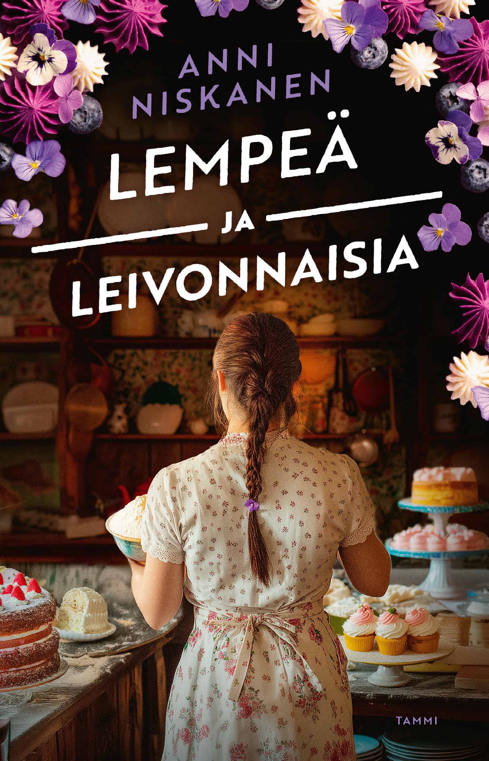 Lempeä ja leivonnaisia -kirjan kannessa on takaapäin kuvattu nainen, jolla on pitkät letillä olevat hiukset ja kädessään jauhokulho. Ympärillä on erilaisia kakkuja ja muita leivonnaisia.