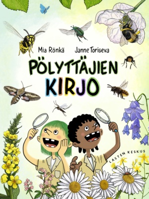 Pölyttäjien kirjo -kirjan piirroskannessa kaksi harvahampaista lasta tarkastelee suurennuslaseilla ympärillään pörrääviä pölyttäjiä. Kannessa on myös paljon erilaisia kukkia.