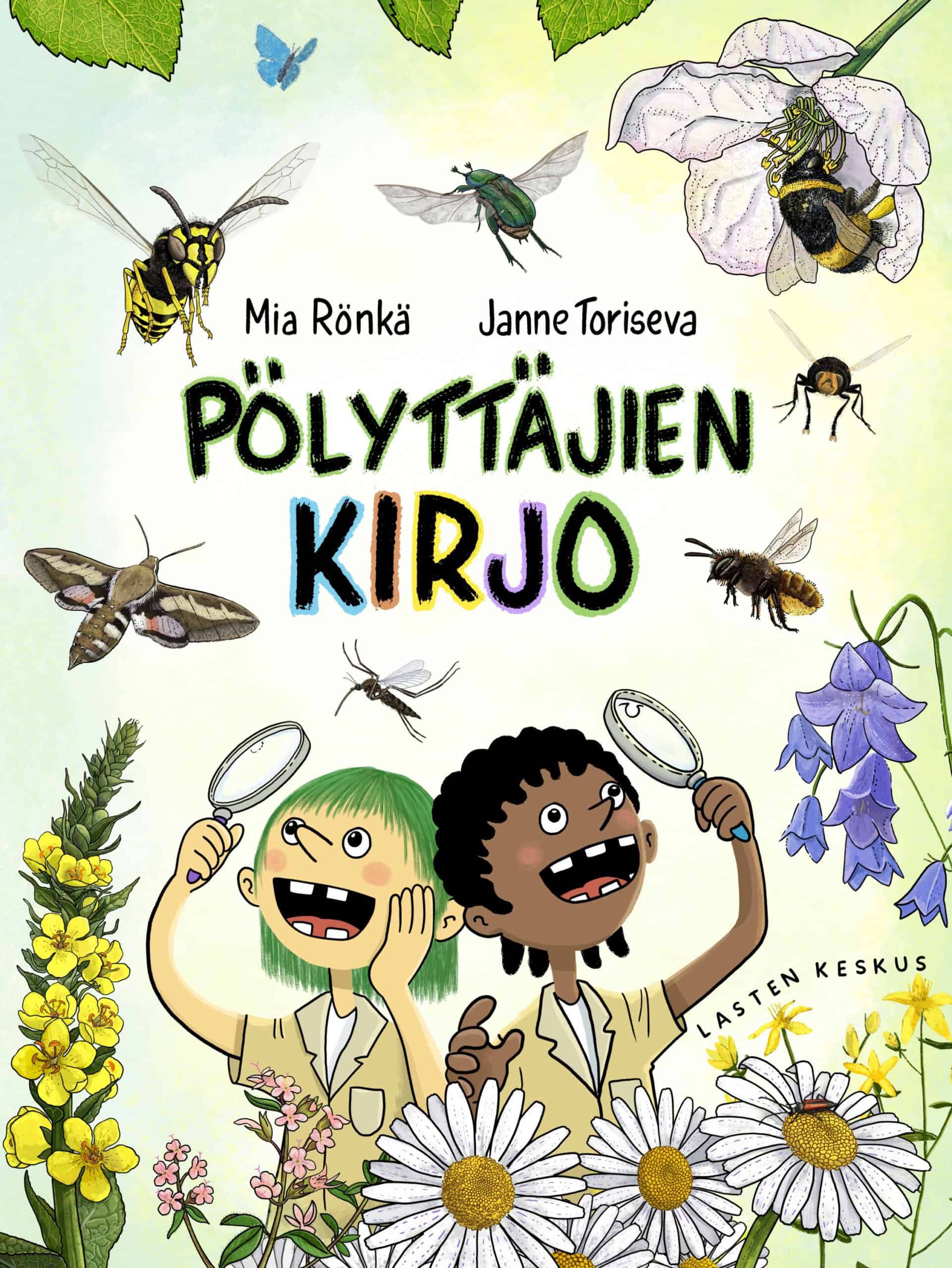 Pölyttäjien kirjo -kirjan piirroskannessa kaksi harvahampaista lasta tarkastelee suurennuslaseilla ympärillään pörrääviä pölyttäjiä. Kannessa on myös paljon erilaisia kukkia.