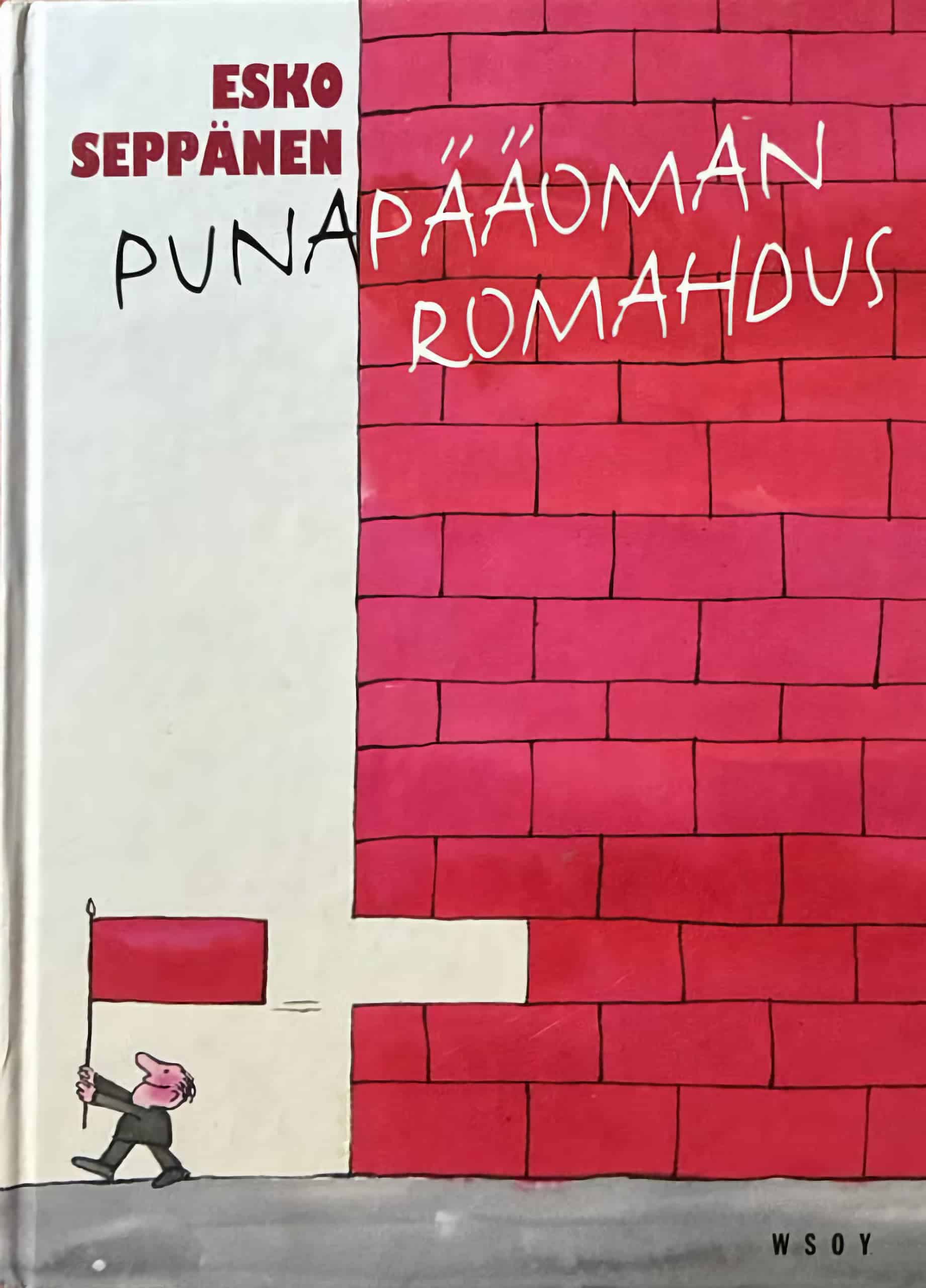 Punapääoman romahdus -kirjan kannessa on piirros isosta punaisesta tiiliseinästä. Seinästä pois päin kävelee pieni mies kantaen punaista lippua, joka on samalla yksi seinästä irronnut tiili.