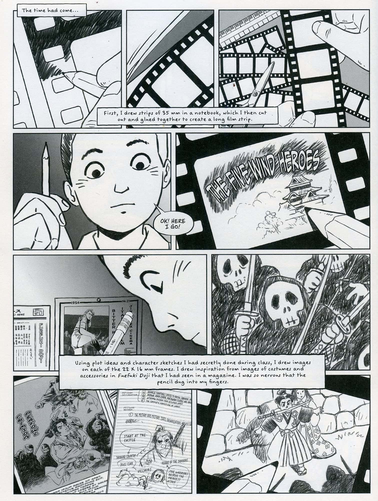 Mustavalkoisella sarjakuvasivulla Rintarô piirtää ensin muistikirjaan 35 mm filminauhaa, leikkaa sen pitkäksi pötköksi ja piirtää sitten kotitekoista elokuvaa "filmilleen".