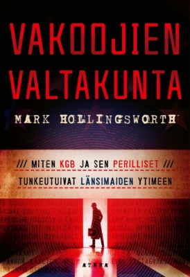 Vakoojien valtakunta -kirjan kannessa on salkkua kantavan hattupäisen ihmisen siluetti.