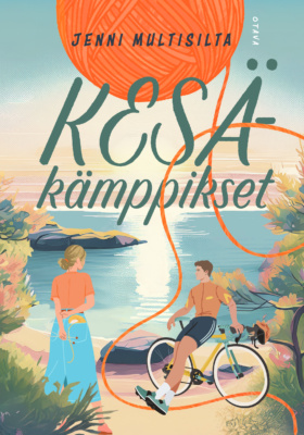 Kesäkämppikset -kirjan kannessa on piirros, jossa rentoon kesäasuun pukeutunut nainen ja pyöräilyasuinen polkupyörään nojaava mies ovat rannalla maalaismaisemassa.