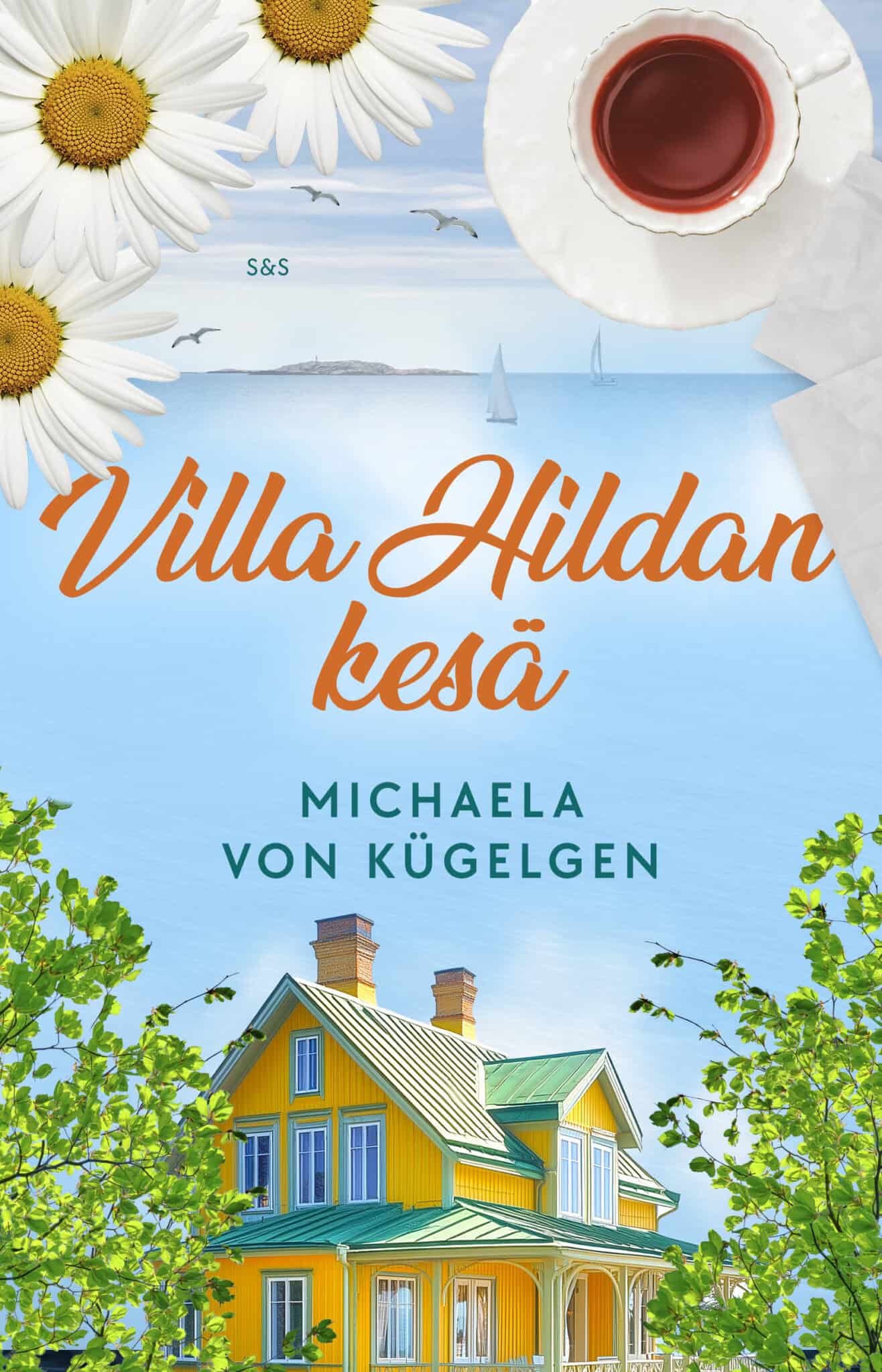 Villa Hildan kesä -kirjan kannessa on kesäisessä maisemassa lehtipuiden välissä kaksikerroksinen keltainen talo.