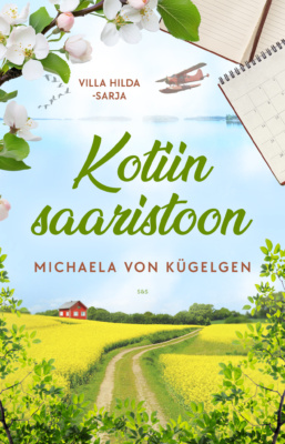 Kotiin saaristoon -kirjan kannessa kesäisessä peltomaisemassa peltotien ja keltaisena kukkievien peltojen takana häämöttää punainen harjakattoinen talo.