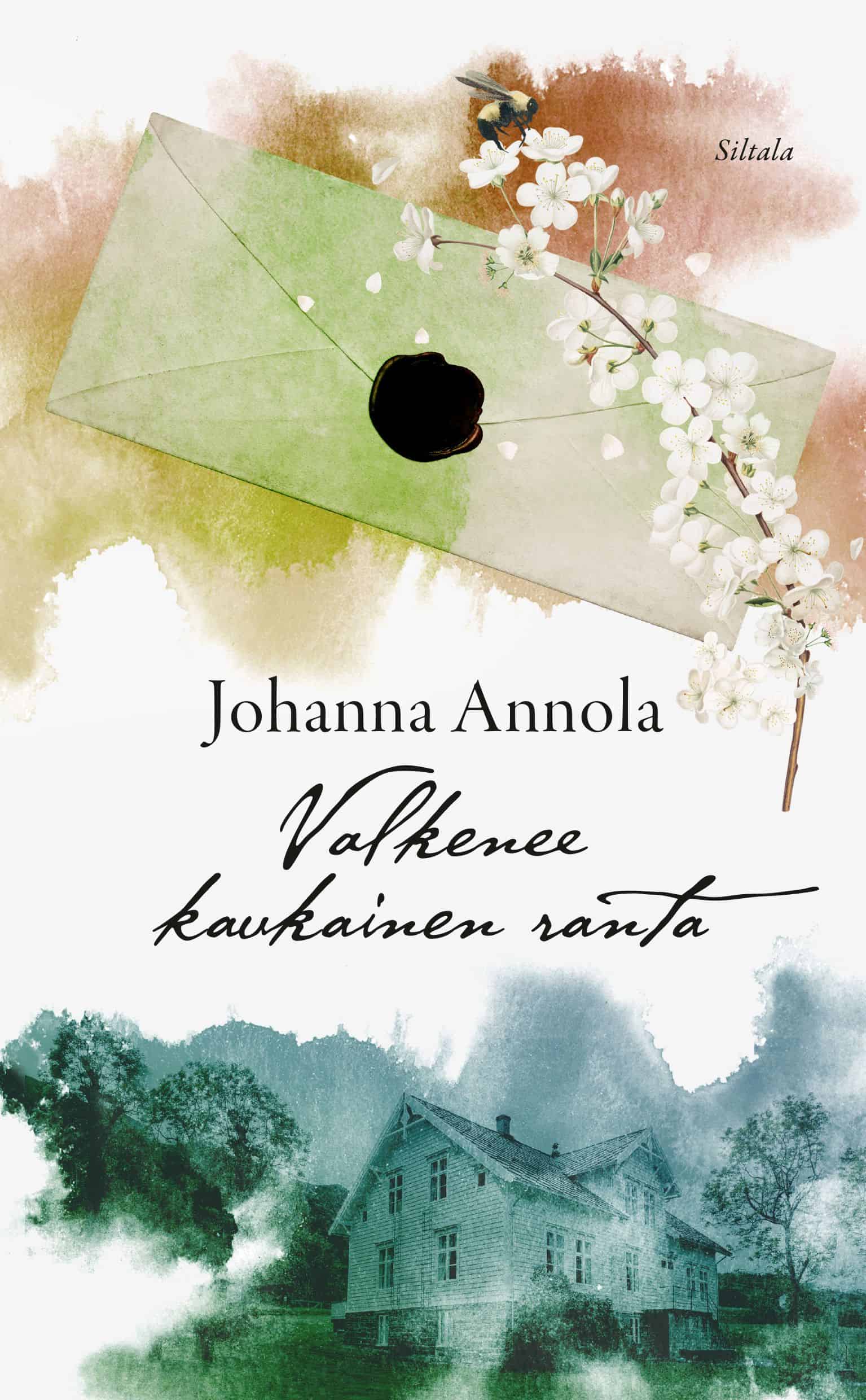 Valkenee kaukainen ranta -kirjan kannessa on sinetöity kirjekuori, jonka päällä on oksan täydeltä valkoisia kukkia. Alaosassa on kuva vanhasta kaksikerroksisesta puutalosta.
