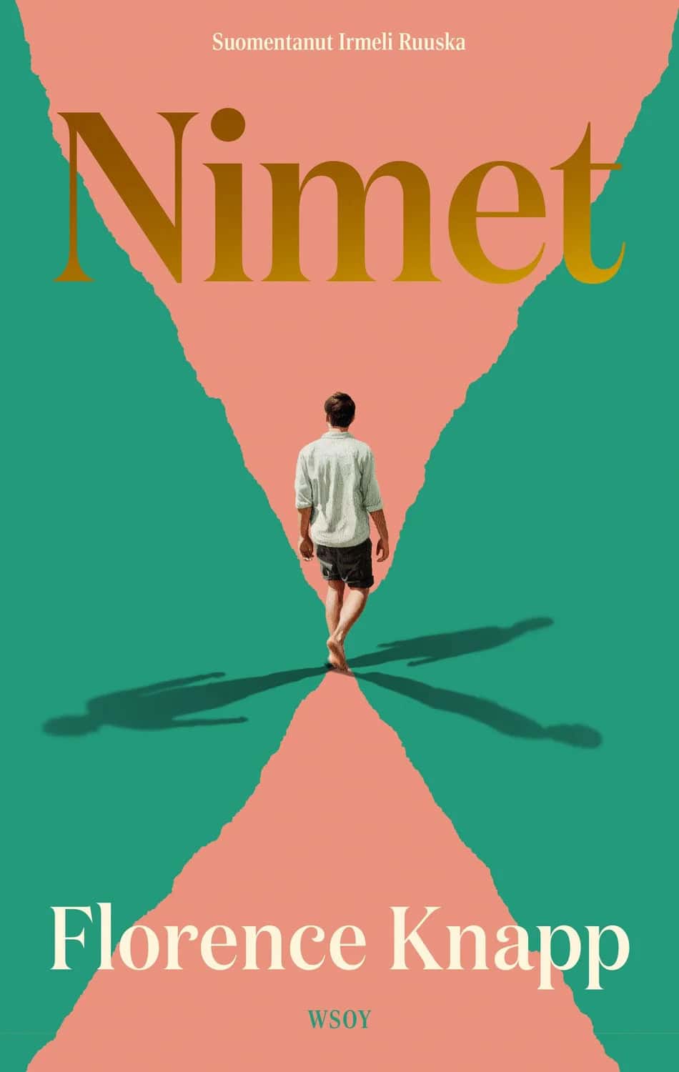 Nimet-kirjan kannessa on vihreiden ja vaaleanpunaisten kolmioiden leikkauspisteessä kuva nuoresta miehestä, josta lähtee kolme varjoa eri suuntiin.