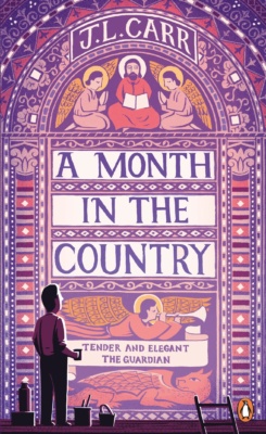 A Month in the Country -kirjan kannessa on piirros miehestä seisomassa kirkon seinämaalauksen edessä. Violetin sävyisessä maalauksessa on enkeleitä ja kirjan nimi.