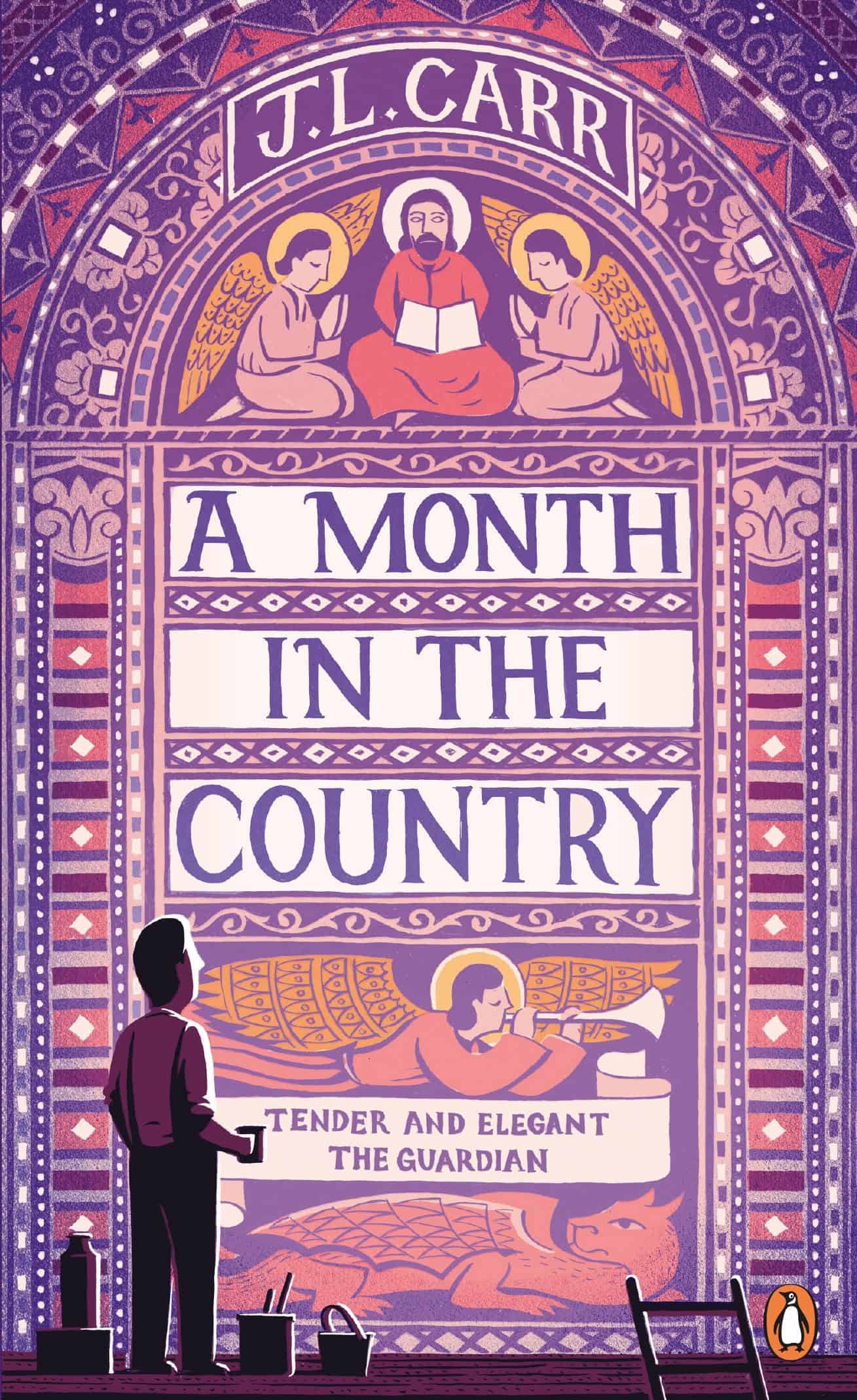 A Month in the Country -kirjan kannessa on piirros miehestä seisomassa kirkon seinämaalauksen edessä. Violetin sävyisessä maalauksessa on enkeleitä ja kirjan nimi.