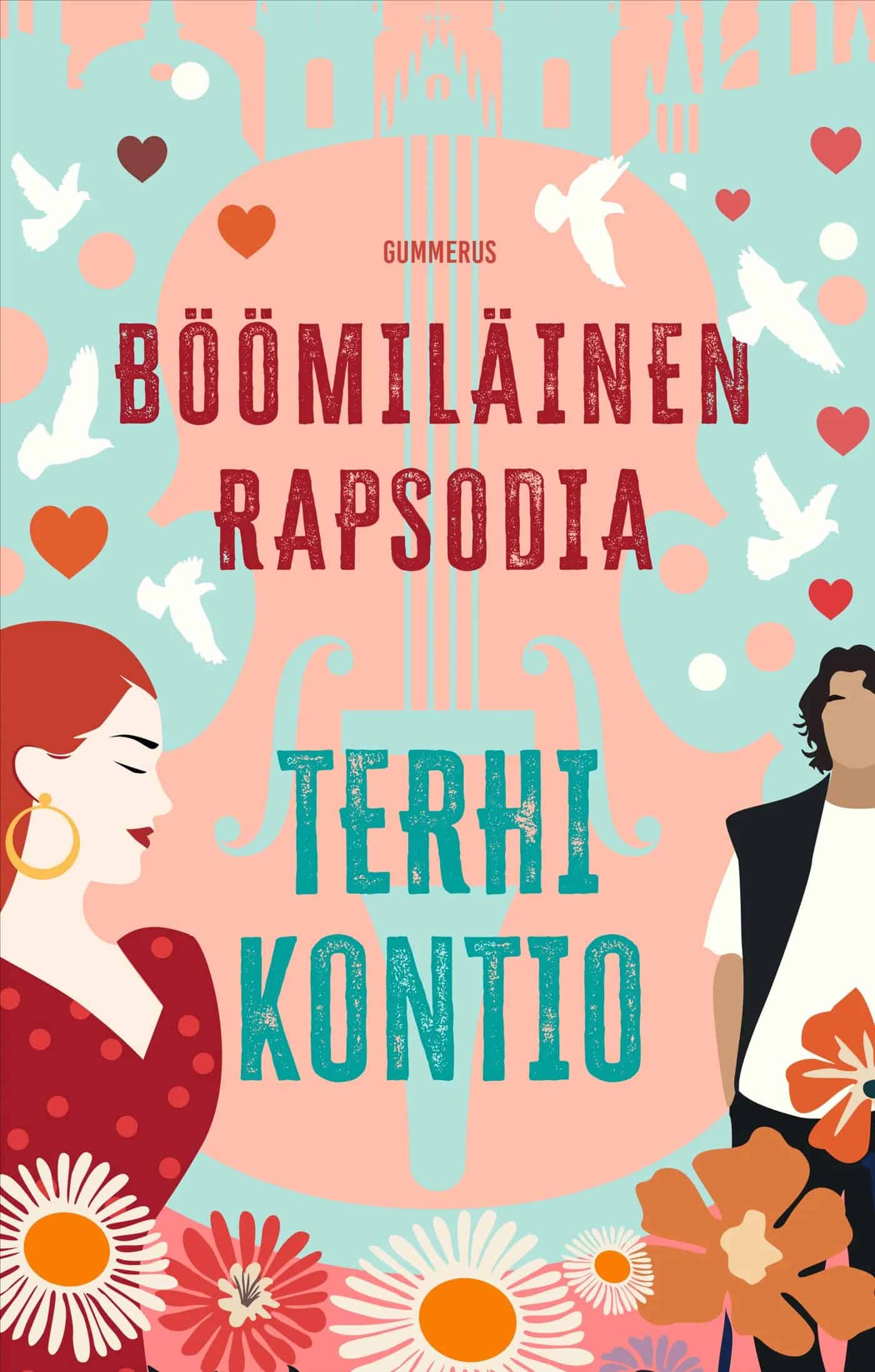 Böömiläisen rapsodian kannessa on piirros vaaleanpunaisesta viulun rungosta ja sen toisella puolella nainen ja toisella mies.