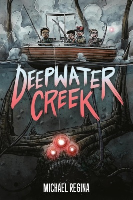 Deepwater Creekin kannessa on piirros neljästä nuoresta kalastamassa laivalla. Yksi onki on saanut saaliiksi veden alla piilevän valtavan hirviön.