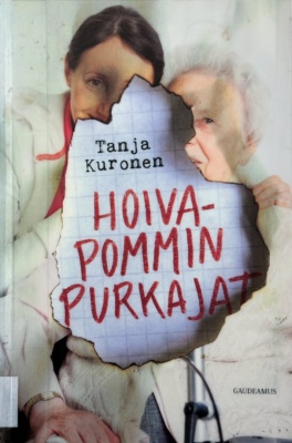Hoivapommin purkajat -kirjan kannessa on valokuva vanhuksesta ja hoitajasta vierekkäin, mutta keskelle on poltettu reikä, josta näkyy ruutupaperia, jossa lukee kirjan ja kirjailijan nimet.