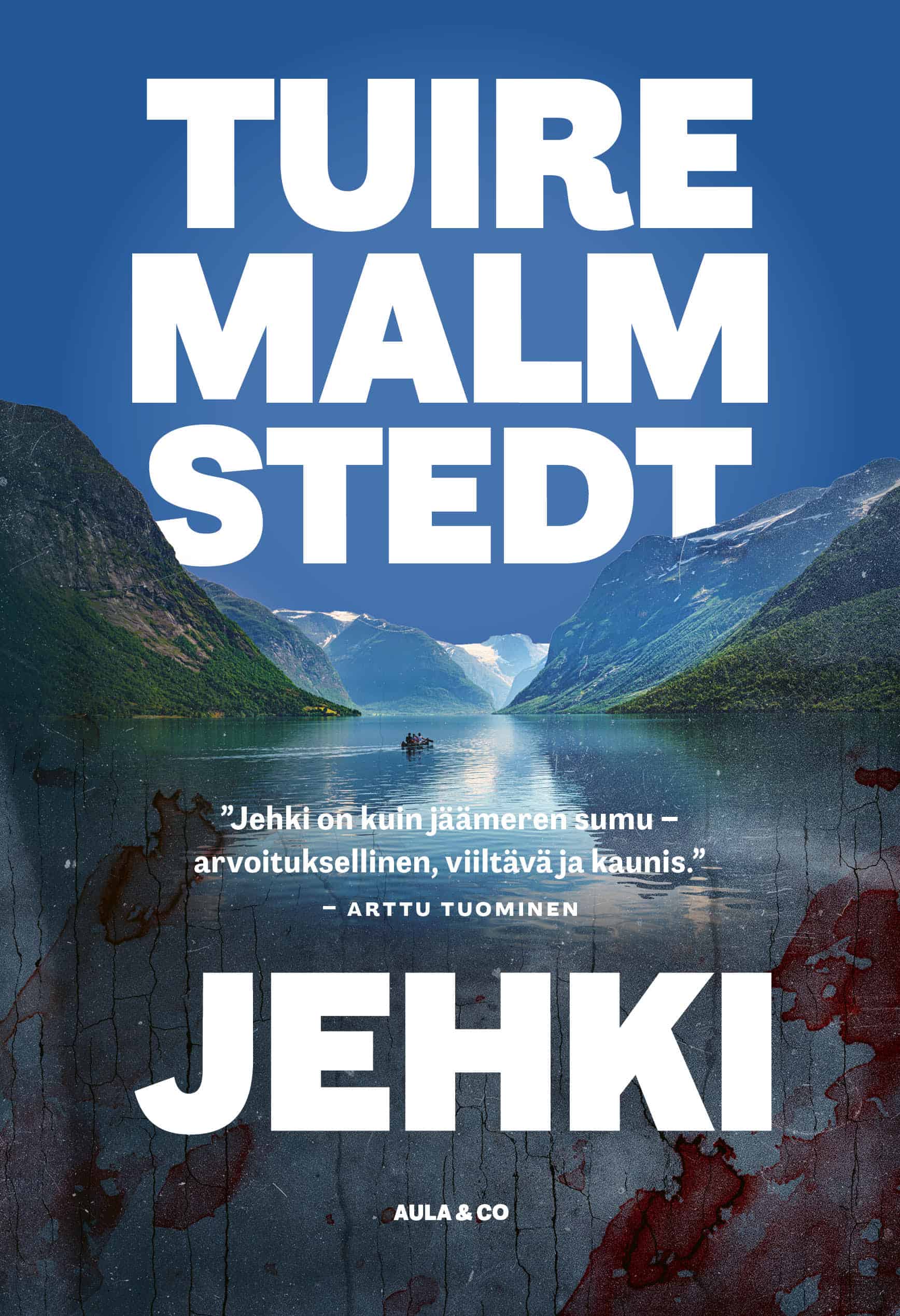Jehkin kannessa on veritahrainen valokuva vuonomaisemasta, jossa kaksi ihmistä meloo kanootilla.