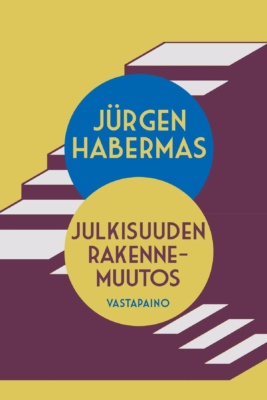 Julkisuuden rakennemuutos -kirjan kannessa on keltaisella taustalla violetti portaikko.
