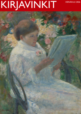Mary Cassattin (1844–1926) maalaus On a Balcony, jossa nainen istuu tuolissa lukemassa sanomalehteä.