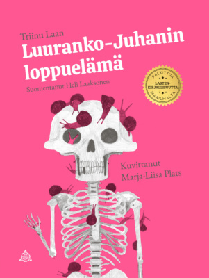 Luuranko-Juhanin loppuelämä -kirjan kannessa on neonpinkillä taustalla mustavalkoinen piirros luurangosta, jonka päällä on punertavia kotiloita.