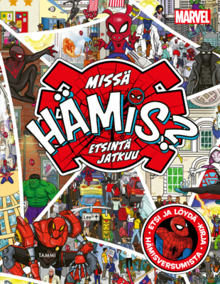 Missä Hämis? : Etsintä jatkuu -kirjan kannessa on piirroksia kaupunkinäkymistä täynnä Marvel-hahmoja.