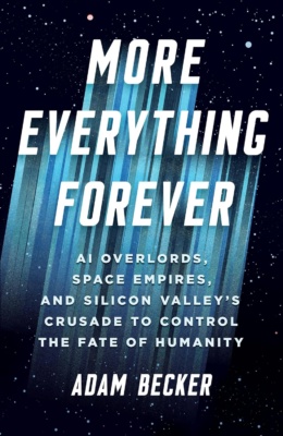 More Everything Forever -kirjan kannessa kirjan nimi kiitää avaruuden halki yläviistoon perässään siniset viivat.