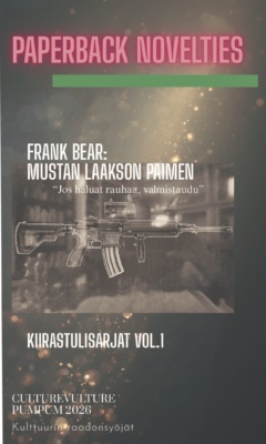 Frank Bear : Mustan laakson paimen -kirjan kannessa on kuva rynnäkkökivääristä.