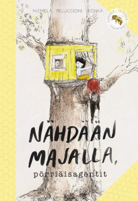 Nähdään majalla, pörriäisagentit -kirjan kannessa on piirros puumajasta, jossa kaksi on jo kaksi lasta. Kolmas lapsi on kiipeämässä köysitikkaita majaan.