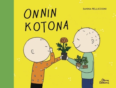 Onnin kotona -kirjan kannessa on kuva kahdesta pallopäisestä pikkupojasta pitelemässä samettikukkaa ruukussa. Toinen pojista (Olavi) pitelee nenäänsä, toisella (Onni) on sylissään pari yrttipurkkia.