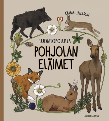 Pohjolan eläimet -kirjan kannessa on piirroksia eläimistä: villisika, jänis, kettu ja kaksi peuraa.