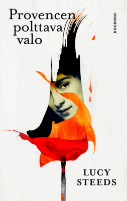 Provencen polttava valo -kirjan kannessa on valkoinen kangas, johon on maalattu roiskahdus punaista, josta näkyy nuoren naisen kasvot.