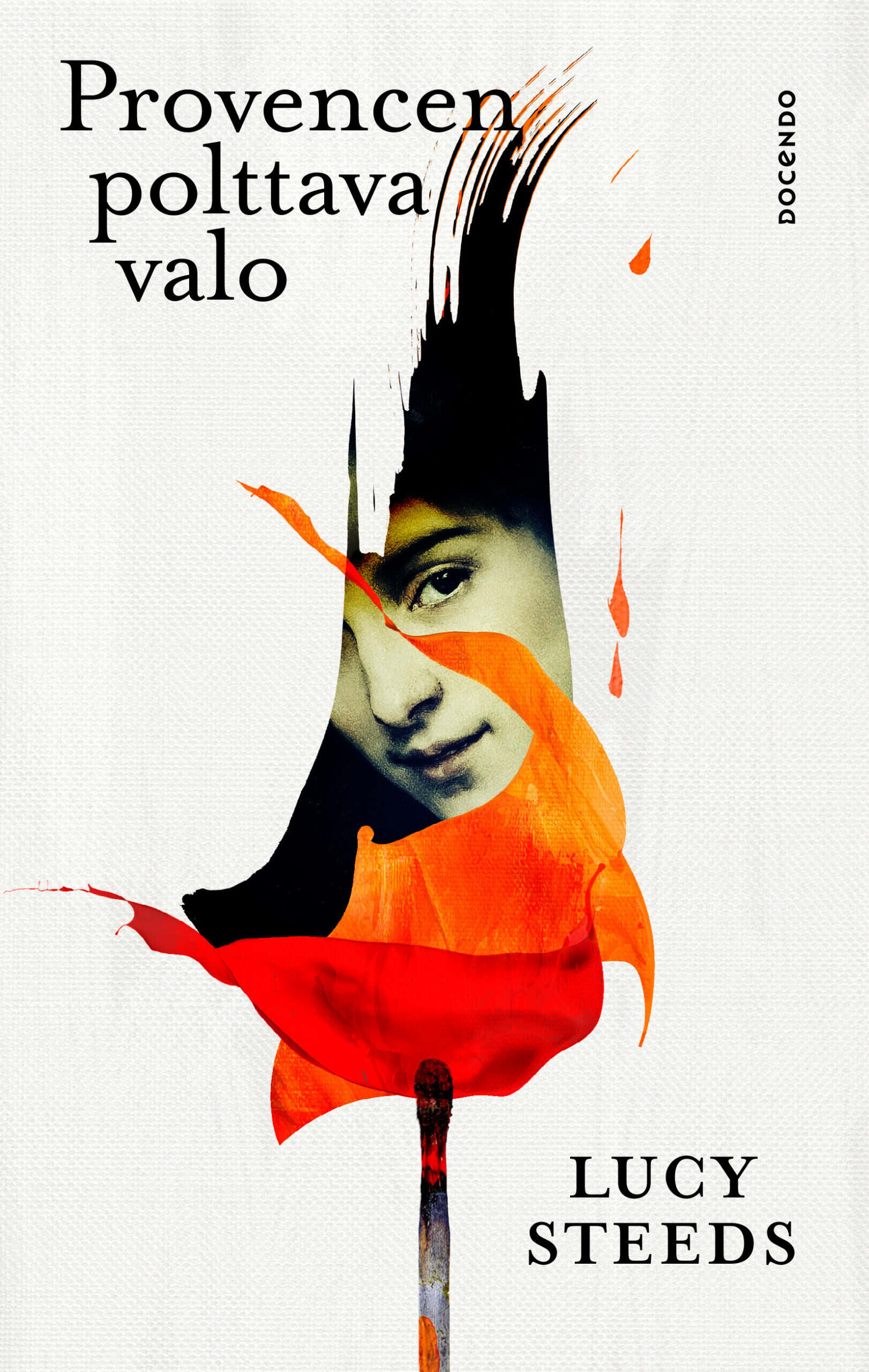 Provencen polttava valo -kirjan kannessa on valkoinen kangas, johon on maalattu roiskahdus punaista, josta näkyy nuoren naisen kasvot.