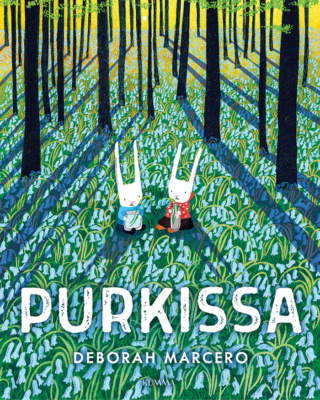 Purkissa-kirjan piirroskannessa on kaksi pupua kukkakedolla, taustallaan puita jotka heittävät pitkiä varjoja. Pupulla on käsissään lasipurkit, joissa on kukkia.