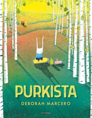 Purkista-kirjan kannessa on piirros pupusta istumassa keltaisen lasipurkin päällä koivikon keskellä.