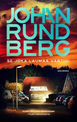 Se joka laumaa vartioi -kirjan kannessa on kuva omakotitaloalueesta. Taivas on synkän punaoranssi.