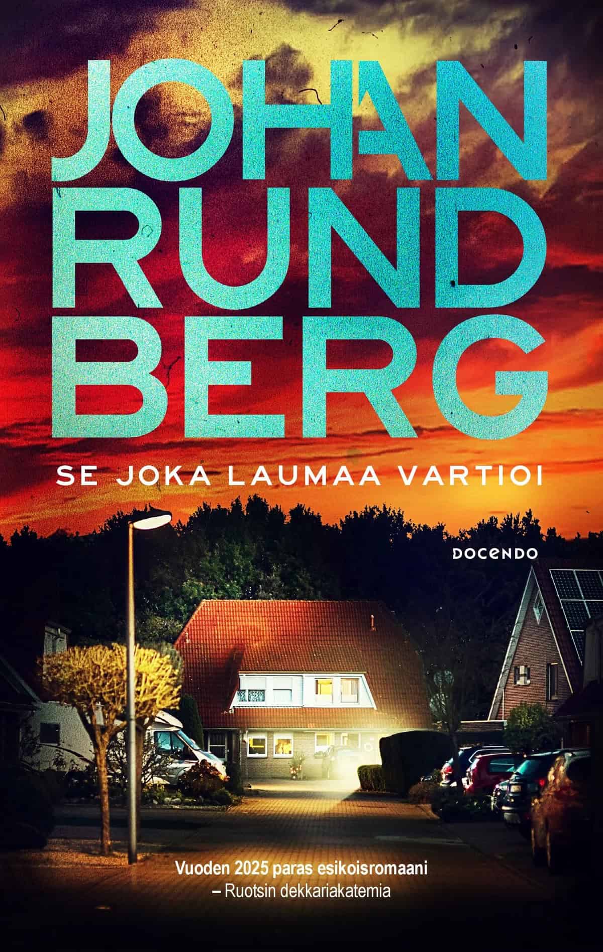 Se joka laumaa vartioi -kirjan kannessa on kuva omakotitaloalueesta. Taivas on synkän punaoranssi.