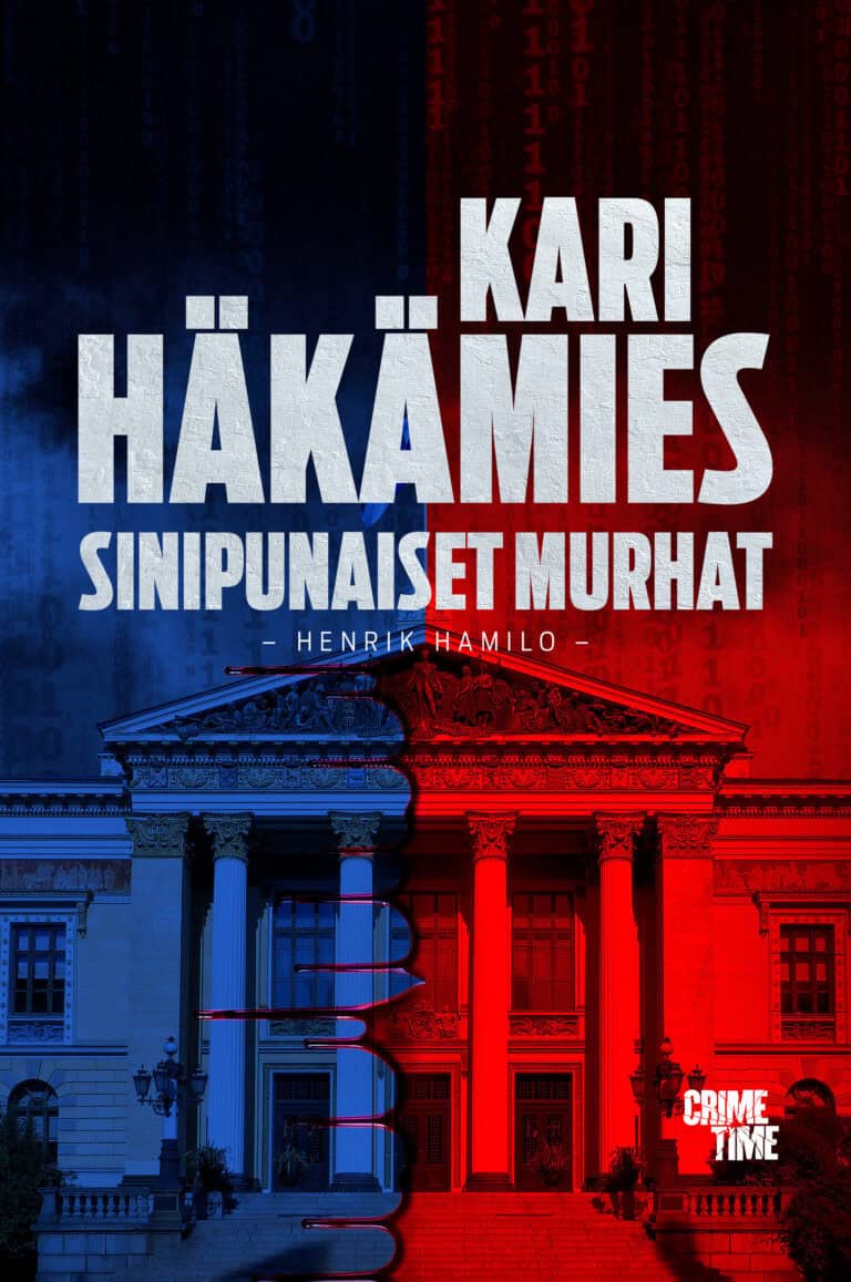 Sinipunaiset murhat -kirjan kannessa on arvokkaan rakennuksen sisäänkäyntipylväikkö. Kuva on vasemmalta puoleltaan sininen ja oikealta punainen.