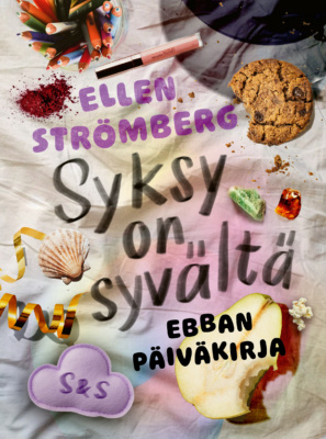 Syksy on syvältä -kirjan kannessa on lakanalla asetelma: karkkeja, keksi, meikkejä, kyniä, puolikas päärynä josta on haukattu, simpukankuori ja lahjanarua.