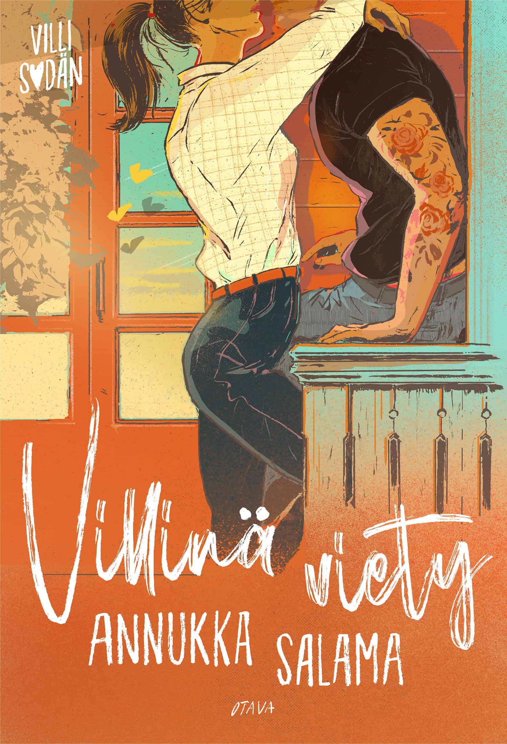 Villinä viety -kirjan piirroskannessa farkkuihin ja ruutupaitaan pukeutunut nainen syleilee farkkuihin ja mustaan t-paitaan pukeutunutta miestä. Hahmojen kasvot eivät näy kuvassa.