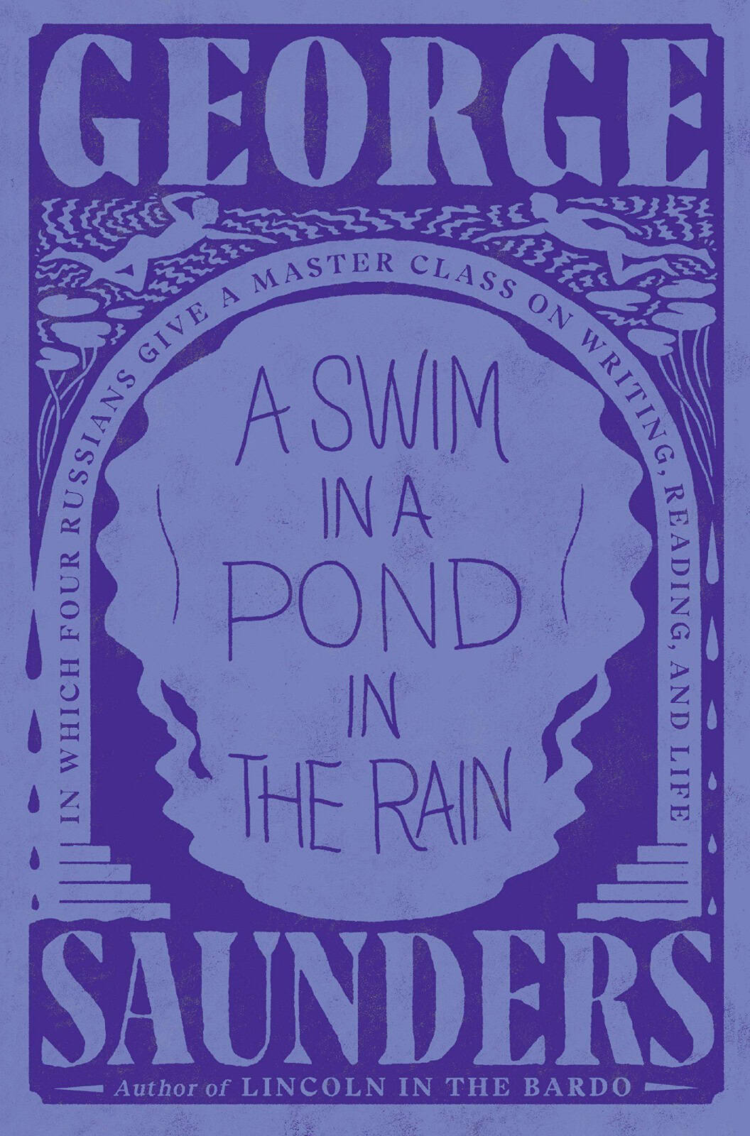 A Swim in the Pond in a the Rain -kirjan kannessa on sinisävyinen piirros, jossa näkyy pari uimaria lammessa, josa on lumpeita.