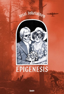 Epigenesiksen kannessa on punaiseksi värjätty sotavalokuva. Sen päällä on sarjakuvaksi piirretty harmaasävyinen hääkuva, jossa sulhanen on luuranko ja morsiamella on kukkia silmiensä päällä.