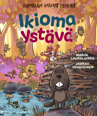 Ikioma ystävä -kirjan kannessa on piirros pienestä Majavasta seisomassa padon edessä. Taustalla häärii Kamala luonto -sarjan hahmoja pentuina.