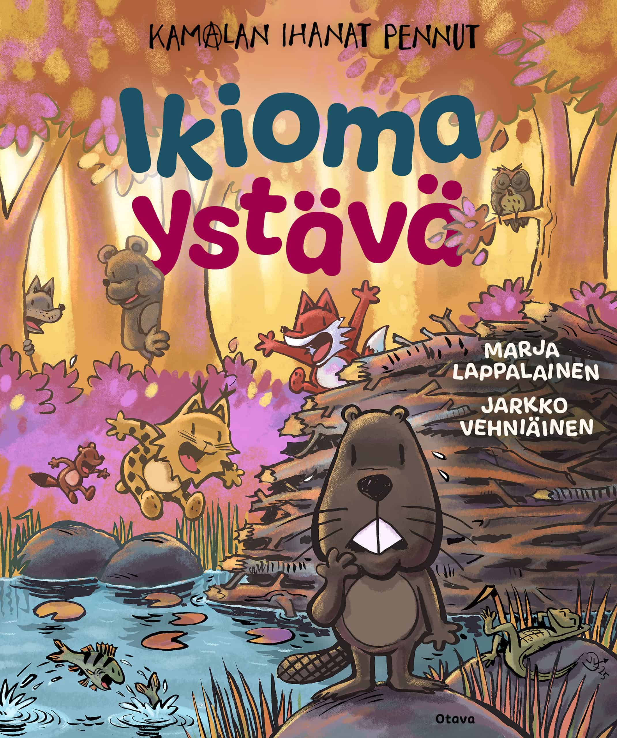 Ikioma ystävä -kirjan kannessa on piirros pienestä Majavasta seisomassa padon edessä. Taustalla häärii Kamala luonto -sarjan hahmoja pentuina.