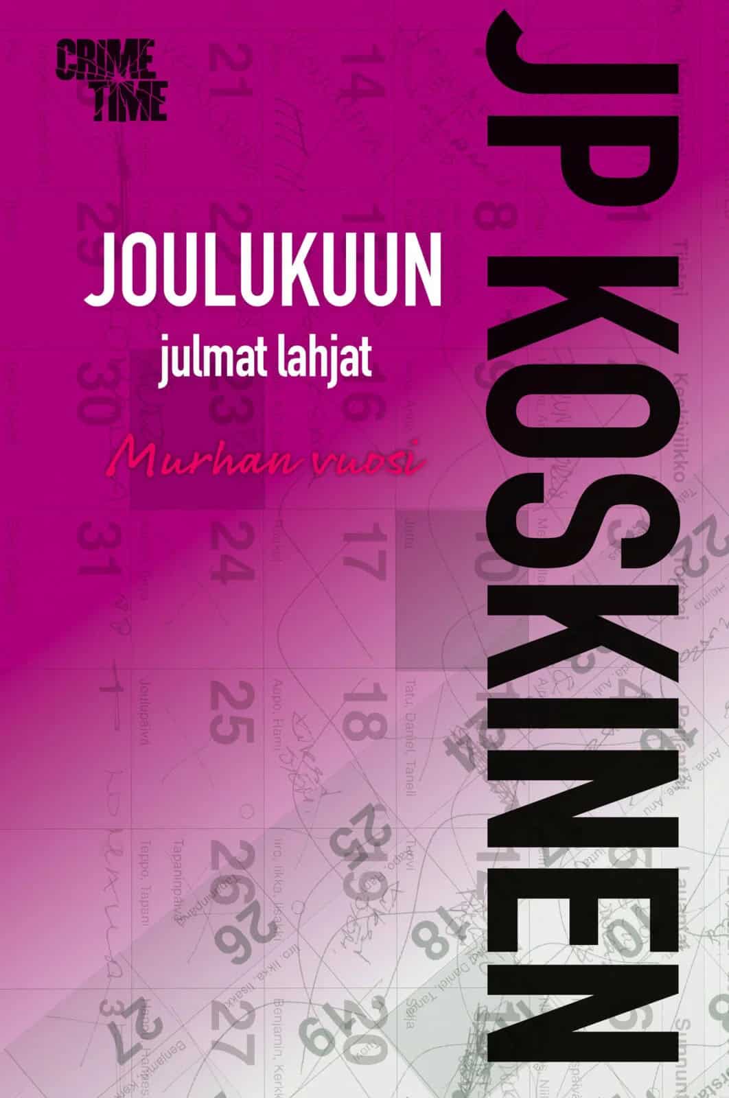 Joulukuun julmat lahjat -kirjan violetinpunertavassa kannessa näkyy kalenterikuviota.