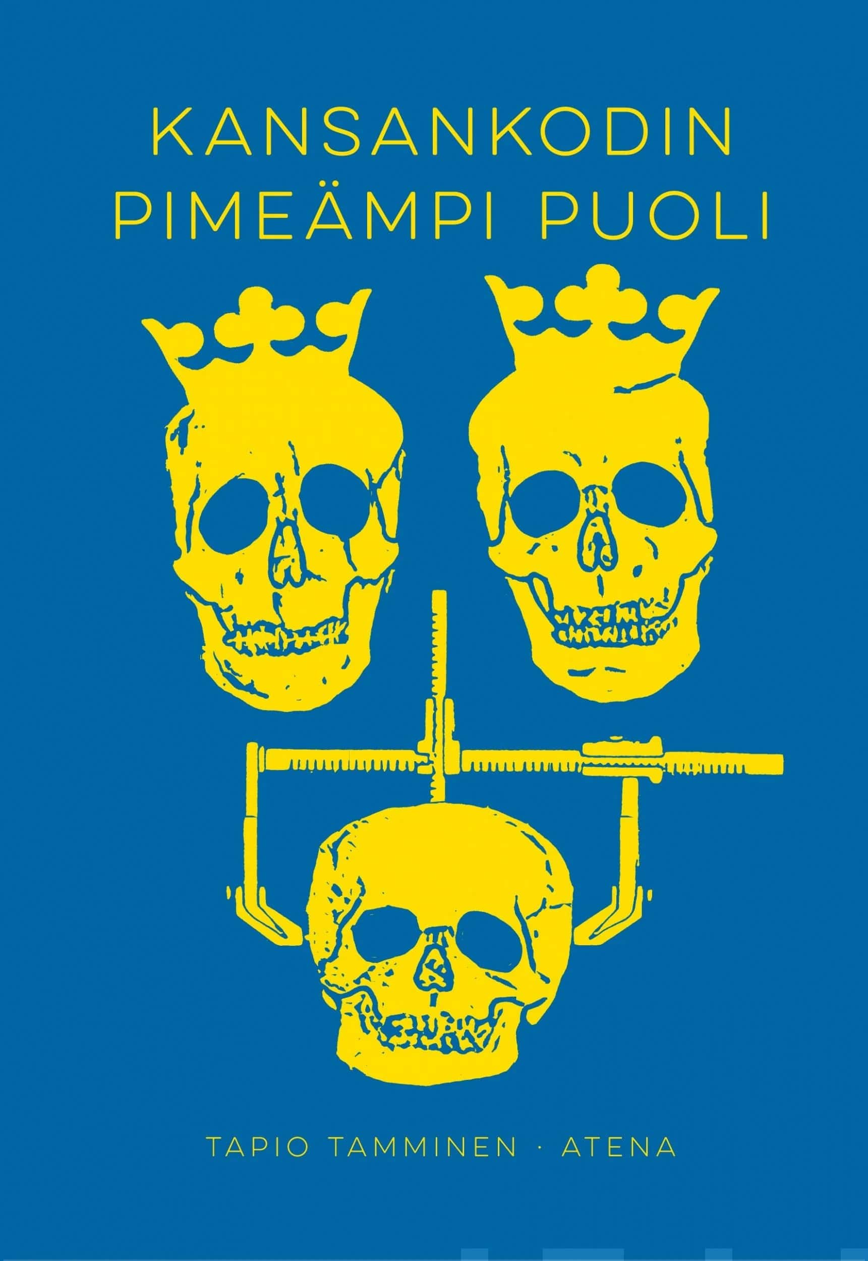 Kansankodin pimeämpi puoli -kirjan kannessa on sinisellä taustalla kolme keltaista pääkalloa Tre Kronor -muodostelmassa. Kahdella ylemmällä on kruunut päässä. Alempi on muodoltaan matalampi ja siinä on kiinni kallonmittaustyökalu.
