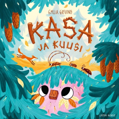 Kasa ja kuusi -kirjan kannessa on piirros Kasasta, jonka päällä kulkee kovakuoriaisia. Ympärillä on kuusenoksia.