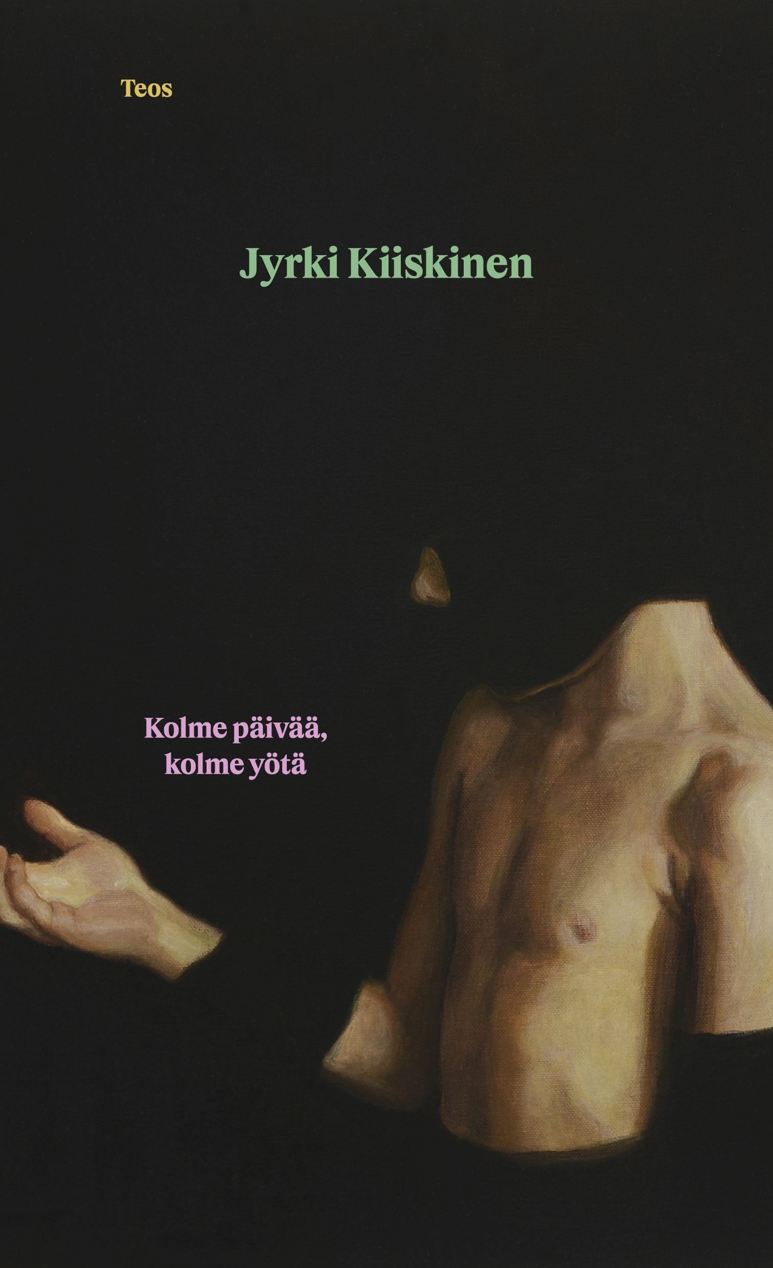 Kolme päivää, kolme yötä -kirjan kannessa on mustalla taustalla kuva miehen paljaasta ylävartalosta. Miehen päästä näkyy vain nenä, muu peittyy mustaan, samoin kuin miehen käsivarret.