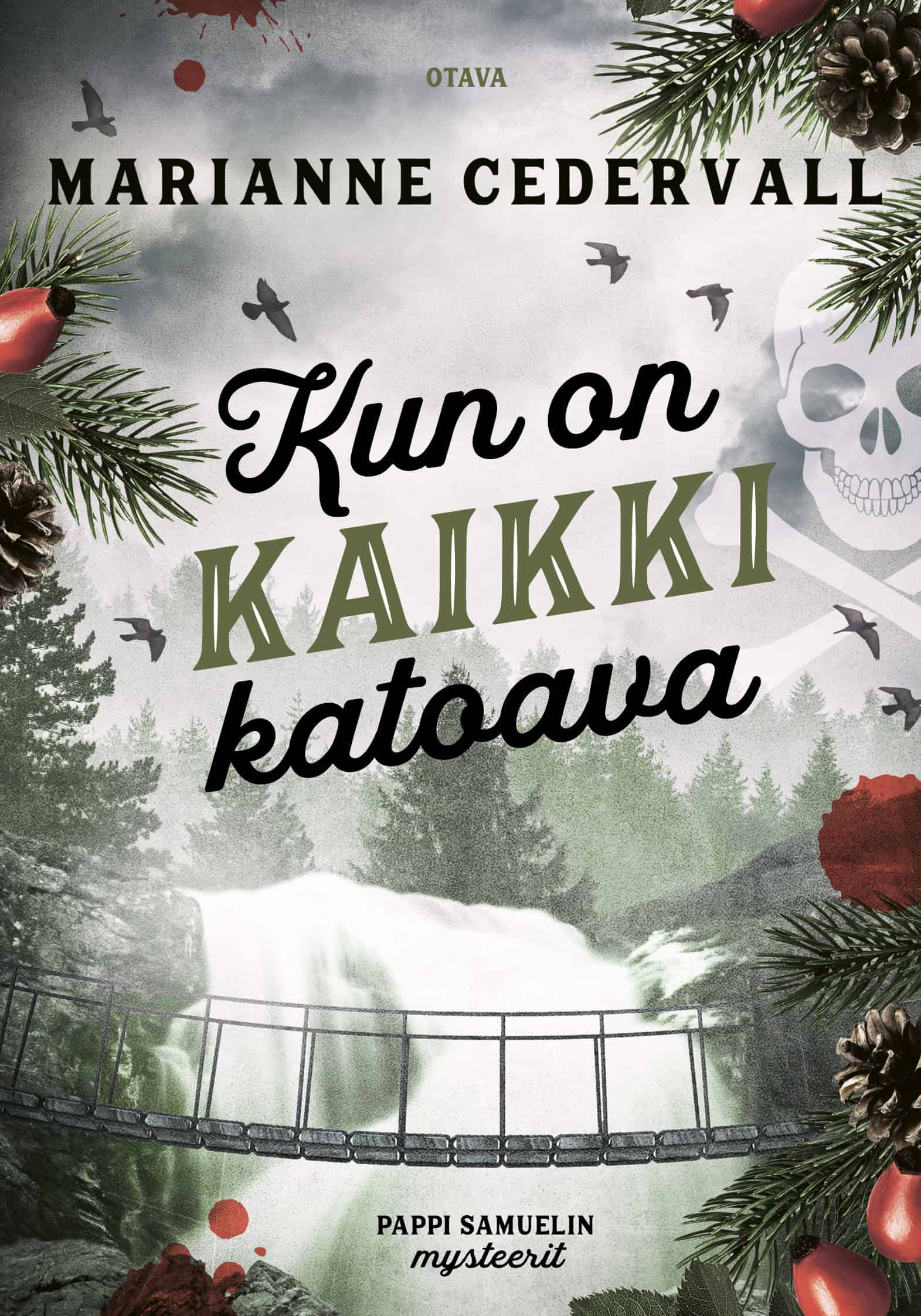 Kun on kaikki katoava -kirjan kannessa on utuinen maisema, jossa pienen vesiputouksen edestä menee riippusilta. Kannessa on kuva pääkallosta ja sääriluista.
