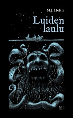 Luiden laulu -kirjan kannessa on mustalla taustalla vaaleansinisellä tehty piirros, jossa kolme ihmistä soutaa soutuveneellä ja pinnan alla on valtava painajaismainen hirviö.