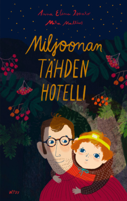 Miljoonan tähden hotelli -kirjan kannessa on piirros isästä, joka kantaa pientä poikaa reppuselässä pimeässä metsässä. Pojalla on otsalamppu, joka valaisee molempien kasvot.