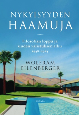 Nykyisyyden haamuja -kirjan kannessa on maalaus uima-altaasta, jonka vierellä on matala rakennus ja taustalla palmuja ja kauempana vuoria.