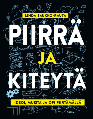 Piirrä ja kiteytä -kirjan kannessa on taustalla mustalla pohjalla vaaleansinisiä piirroksia.