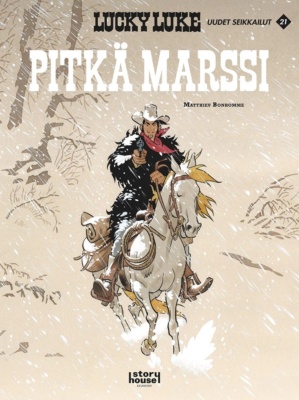 Pitkä marssi -albumin kannessa on piirros lumimyräkässä ratsastavasta Lucky Lukesta.